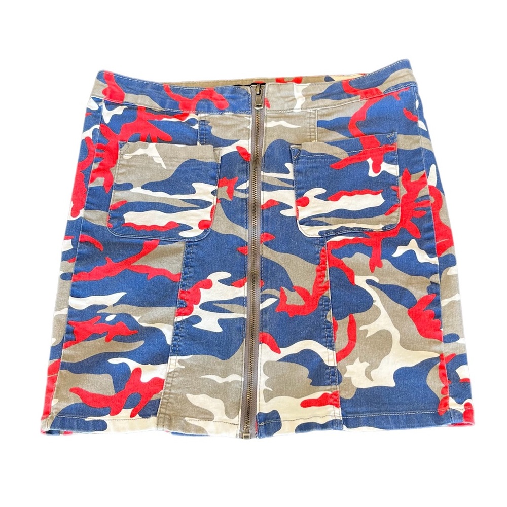 American Bazi Full Zip Camouflage Denim Mini Skirt With Pockets Size Medium